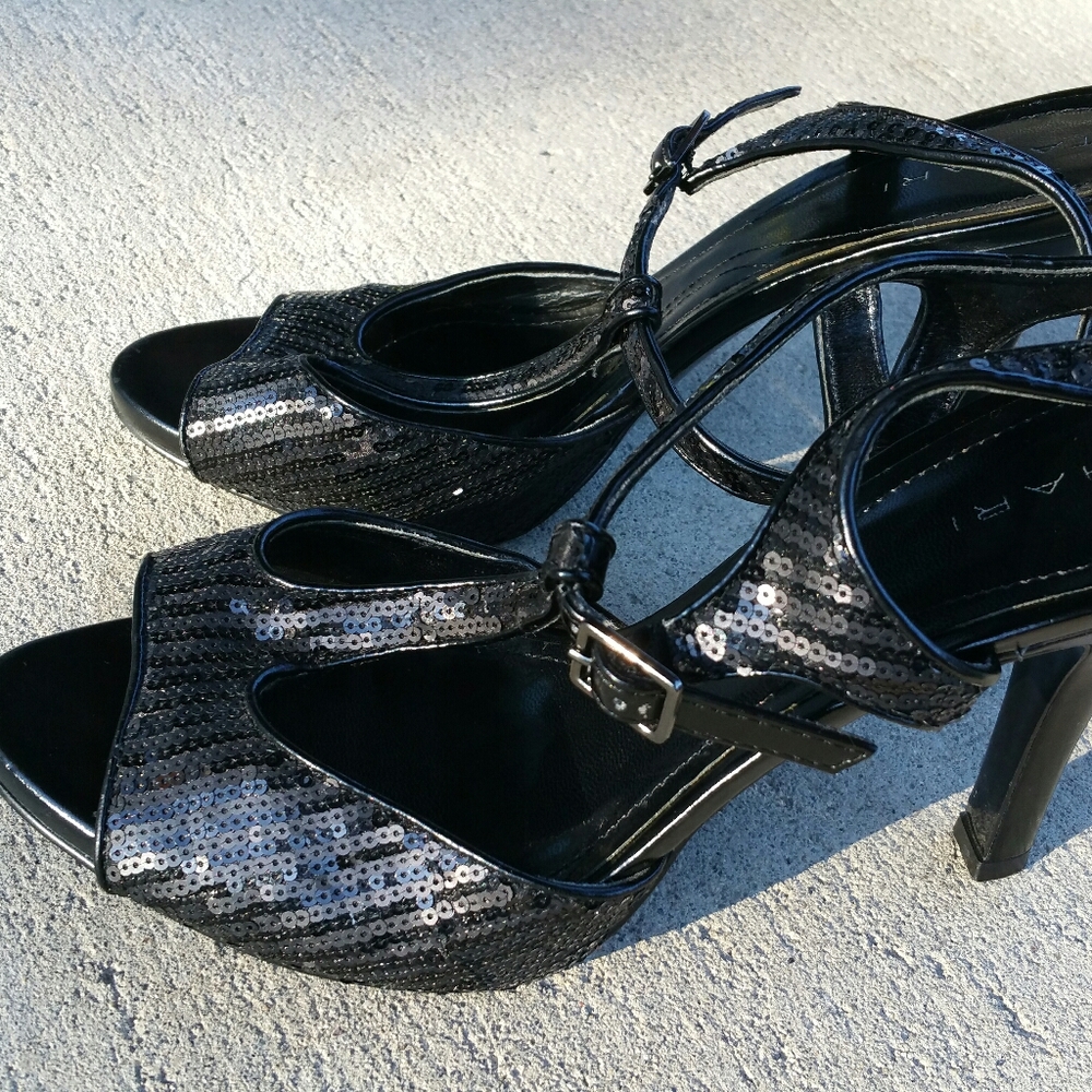 Tahari black sequin 'Amanda' T-Strap heeled sandal